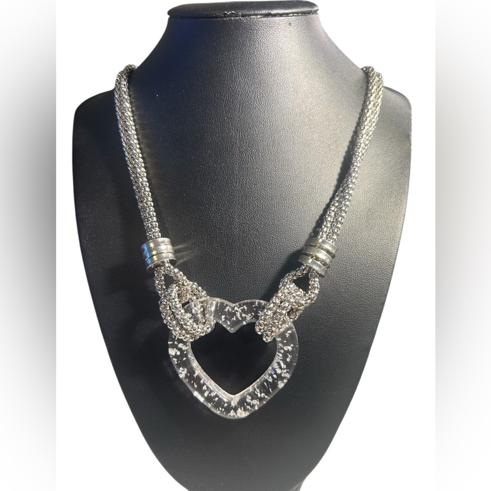 Paparazzi Sparkling Clear Acrylic Heart Pendant Necklace w/Silver Chain, NWT